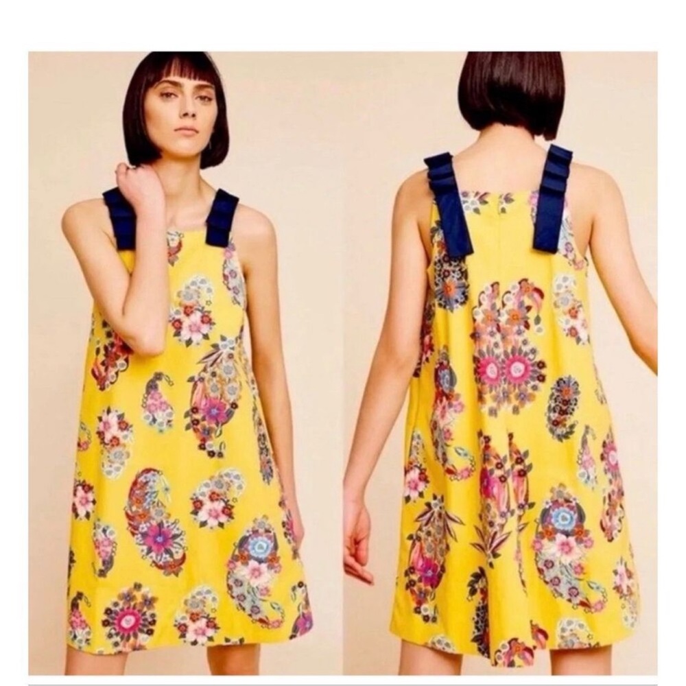 Anthropologie Yellow Floral A-Line Mini Dress with Navy Accents